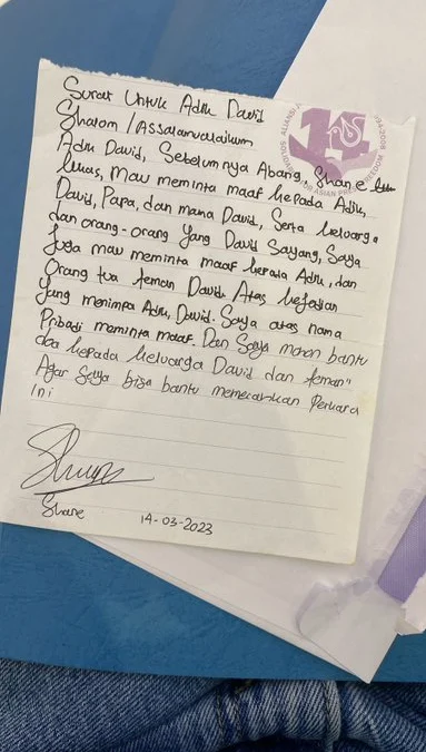 Surat permintaan maaf Shane Lukas untuk David ozora