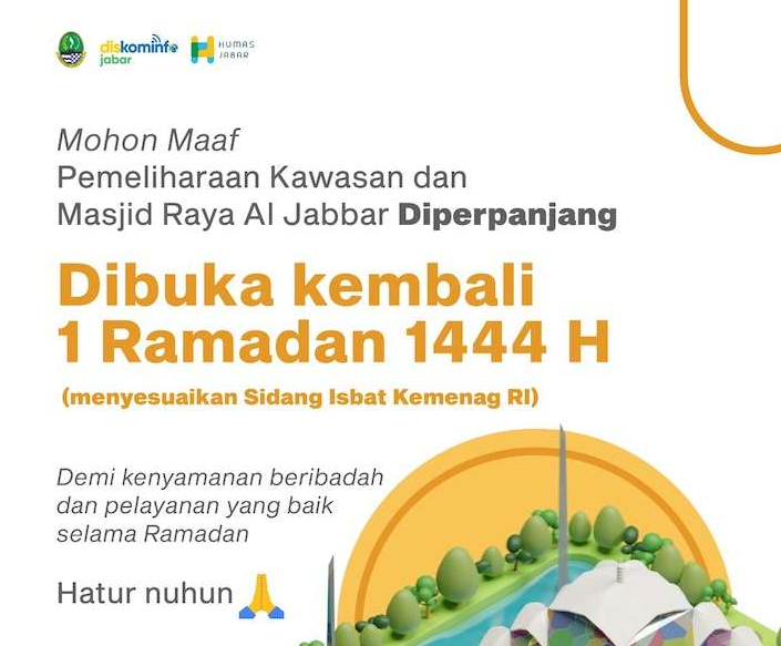 Penataan dan Pemeliharaan Diperpanjang, Kawasan dan Masjid Al Jabbar Dibuka 1 Ramadan 1444 Hijriah