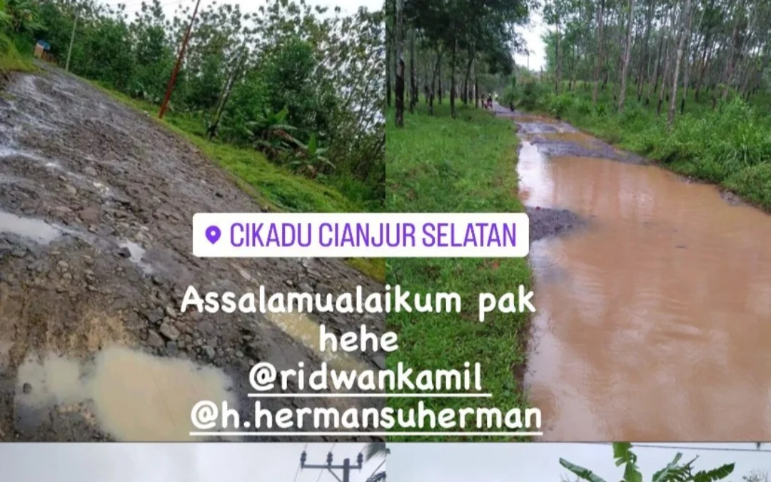 Heboh, banyak jalan rusak di Cianjur, warga melakukan aksi tangkap ikan lele di jalan.