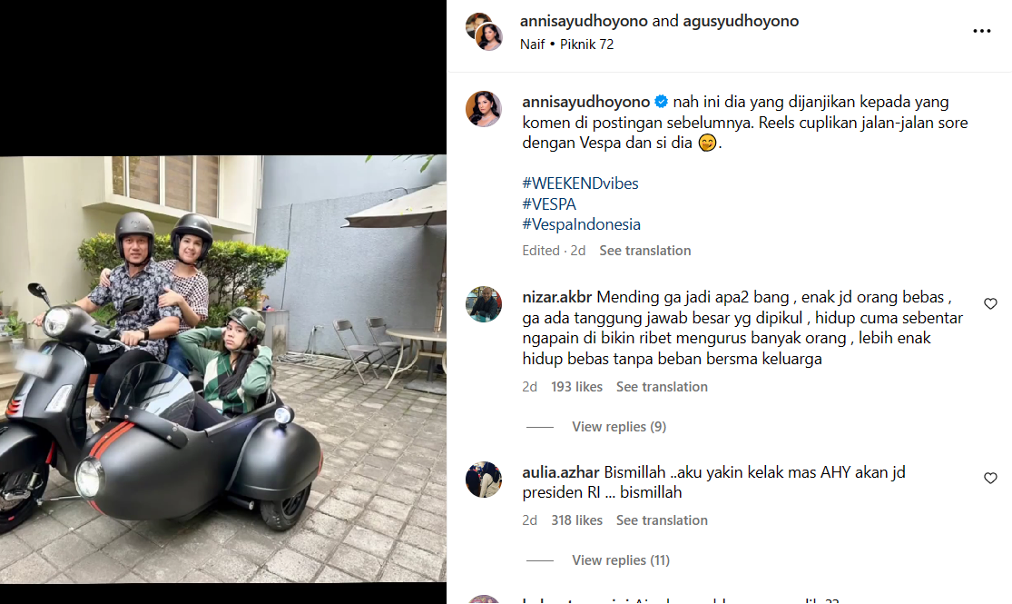 AHY Naik Vespa GTS Super Sport 150 (Tangkapan Layar Instagram AHY)