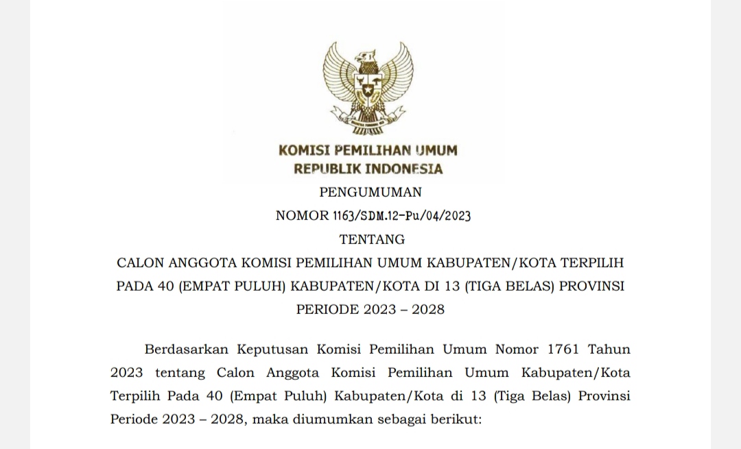 KPU RI Umumkan Calon Anggota KPU Kabupaten Cianjur Terpilih 2023-2028, Ini Nama-namanya