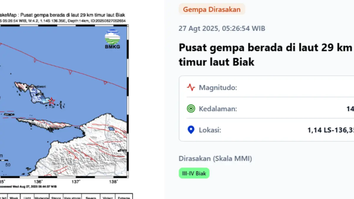 Gempa Bumi Magnitudo 4,2 Guncang Biak, Papua