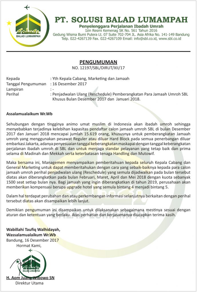 [PENGUMUMAN] Penjadwalan Ulang Pemberangkatan Para Jamaah Umroh SBL