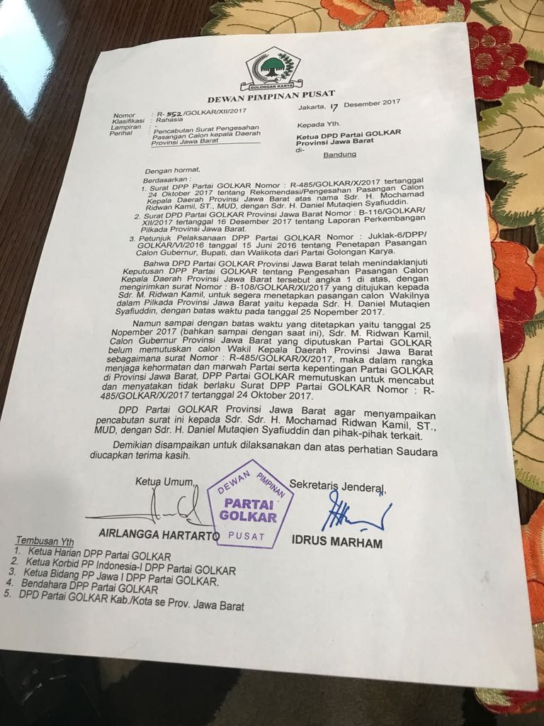 [PILGUB JABAR] SK Pencabutan Paslonkada Diterima DPD Golkar Jabar Sore Tadi