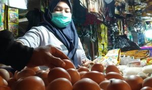 Pedagang memilihkan telur untuk pembeli di tengah harga kebutuhan pokok masyarakat yang mulai merangkak naik masa ramadan.