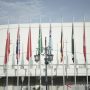 Sejumlah bendera dipasang di Gedung Merdeka Bandung untuk memperingati 66 tahun Konferensi Asia Afrika. (ANTARA/Bagus Ahmad Rizaldi)