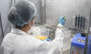 Petugas peneliti dari india tengah bekerja di labolatorium pengujian obat anti virus covid-19