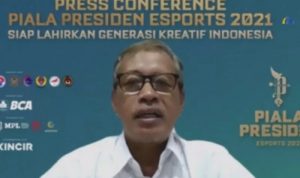 Tangkap layar Deputi Pembudayaan Olahraga Kementerian Pemuda dan Olahraga (Kemenpora), Raden Isnanta, dalam konferensi pers virtual pengumuman Piala Presiden Esports 2021, Selasa (14/9/2021). (ANTARA/Arindra Meodia)