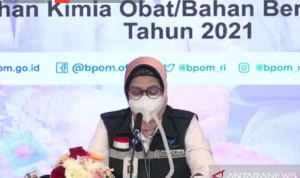Deputi Bidang Pengawasan Obat Tradisional, Suplemen Kesehatan, dan Kosmetik Badan Pengawas Obat dan Makanan (BPOM) RI Reri Indriani berbicara dalam Konferensi Pers Public Warning Obat Tradisional, Suplemen Kesehatan, dan Kosmetik di Jakarta, Rabu (13/10/2021). (ANTARA/Martha Herlinawati Simanjuntak)