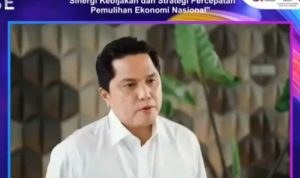 Tangkapan layar Menteri BUMN Erick Thohir memberikan sambutan dalam Capital Market Summit & Expo (CMSE) 2021 di Jakarta, Kamis. (ANTARA/Citro Atmoko)