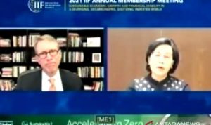 Menkeu Sri Mulyani Diberi Penghargaan Kepemimpinan oleh Lembaga Internasional Menteri Keuangan Sri Mulyani dalam pertemuan tahunan Institut Keuangan Internasional (The Institute of International Finance (IIF)) 2021. (ANTARA/HO-Kemenkeu)