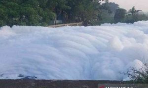 Aliran Kali Resmi di Kampung Pelaukan, Desa Karangsetia, Kecamatan Karangbahagia, Kabupaten Bekasi, Jawa Barat tertutup limbah busa pada Selasa (2/11). (ANTARA/Pradita Kurniawan Syah).