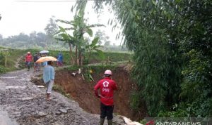 Longsor dan Angin Kencang Terjang Tiga Kecamatan di Sukabumi Personel PMI Kabupaten Sukabumi tengah meninjau lokasi akses jalan yang longsor di Kampung Cijambewetan, Desa Sukaresmi, Kecamatan Cisaat, Kabupaten Sukabumi, Jabar pada Minggu, (7/11). ANTARA/Aditya Rochmanuddin
