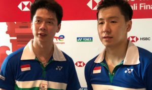 Ganda putra Indonesia Kevin Sanjaya Sukamuljo/Marcus Fernaldi Gideon lolos ke babak 16 besar Indonesia Masters 2021 di Nusa Dua, Selasa. (Antaranews/Roy Rosa Bachtiar)