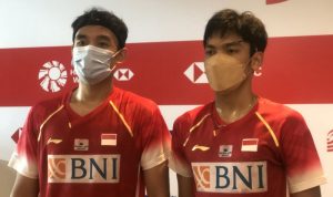 Bagas Maulana/Muhammad Shohibul Fikri keluar sebagai pemenang pada pertandingan melawan rekan sepelatnas, Sabar Karyaman Gutama/Mohammad Reza Pahlevi, di babak pertama ganda putra Indonesia Open di Nusa Dua, Bali, Rabu. ANTARA/Roy Rosa Bachtiar