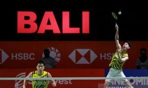 Minions Ganda putra Indonesia Marcus Fernaldi Gideon/Kevin Sanjaya Sukamuljo beraksi pada babak perempat final Indonesia Open 2021 di Bali International Convention Center, Nusa Dua, Bali, Jumat (26/11/2021). (ANTARA/HO-Humas PP PBSI)