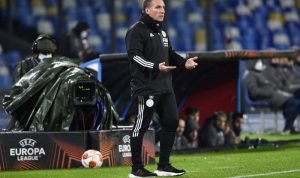 Pelatih Leicester City Brendan Rodgers bereaksi saat menyaksikan laga penyisihan Grup C Liga Europa antara Napoli vs Leicester di Diego-Maradona Stadium, Naples, Kamis (9/12/2021). ANTARA/AFP/Alberto Pizzoli