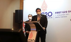 Menteri Koordinator Bidang Prekonomian Airlangga Hartarto ketika memberikan sambutan pada pertemuan tingkar Sherpa G20 sebagai titik awal pemulihan ekonomi global.