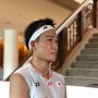 Kento Momota saat menceritakan pertandingannya melawan Tommy Sugiarto di babak pertama Indonesia Masters 2021 di Bali,Selasa. (Antaranews/Roy Rosa Bachtiar)