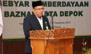 Baznas Depok Gelontorkan Rp155 Juta Bantu Program D'Sunting Menara Ketua Baznas Kota Depok, Encep Hidayat saat membeberkan akan menyalurkan bantuan Rp155 Juta untuk program D'Sunting Menara. (istimewa).