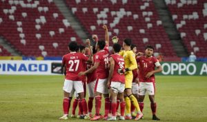 Tim Indonesia sebelum berlaga pada leg kedua final Piala AFF 2020 di National Stadium, Kallang, Singapura (1/1). (AFF Suzuki Cup 2020)