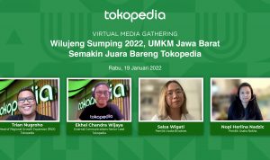 Tokopedia hari ini, Rabu (19/1) menyelenggarakan virtual media gathering dengan tema Wilujeng Sumping 2022, UMKM Jawa Barat Semakin Juara Bareng Tokopedia. Acara ini juga dihadiri oleh Head of Regional Growth Expansion (RGX) Tokopedia, Trian Nugroho bersama External Communications Senior Lead Tokopedia, Ekhel Chandra Wijaya serta Pemilik Usaha Brookies, Salsa Wigati dan Pemilik Usaha Nokha, Nopi Herlina Nadzic.