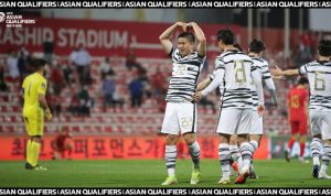 Libas Syria, Korea Selatan Lolos ke Putaran Final Piala Dunia 2022 Gaya selebrasi winger kanan Korea Selatan Kwon Chang-hoon setelah mencetak gol kedua ke gawang Syria di Rashid Stadium, Dubai, tadi malam. (AFC )