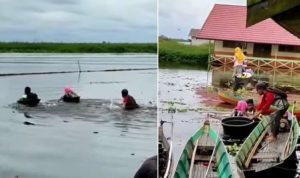 Sejumlah Siswa SD menggunakan baskom plastik untuk menyebrangi rawa gunas ampai kesekolah mereka. (Prokal)