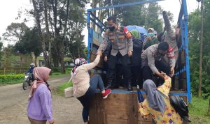 Kapolsek Ciwidey, AKP Hadi Mulyana (kiri) bersama anggota (kanan) saat jemput warga pakai truk untuk vaksinasi di perkebunan.