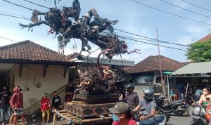 Ogoh-ogoh karya salah satu banjar di Desa Sidakarya, Denpasar Selatan, jadi tontonan warga sepanjang petang tadi. (Sentot Prayogi/JPNN.com)