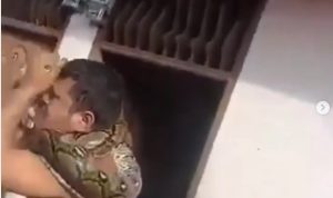 TANGKAPAN LAYAR: Seorang pria kalungkan ular di lehernya. (Instagram @memomedsos)
