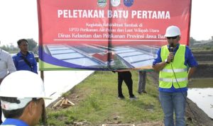 DKP Jabar Rehabilitasi Tambak 7.000 m2 BATU PERTAMA: Kepala Dinas Kelautan dan Perikanan Provinsi Jawa Barat, Ir. Hermansyah, M.Si melakukan peletakan batu pertama pekerjaan Rehabilitasi Tambak di UPTD PAPLWU Karawang, Rabu (20/7/2022)