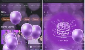 Penampakan halaman pencarian Google yang penuh dengan balon kejutan dari BTS untuk Army. (ist)