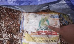 Salah satu kemasan dari beras bansos yang dikubur di Depok.--Antara
