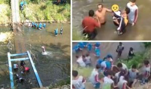 Jembatan Gantung Putus, 40 Siswa Jatuh ke Sungai Kepanikan yang terjadi saat puluhan siswa terjatuh kedalam sungai bahkan sebagian mengalami luka parah. (BPBD Probolinggo)