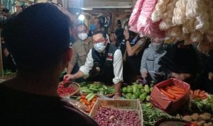 Gubernur Jawa Barat, Ridwan Kamil dan Kadisperindag, Iendra Sofyan saat meninjau harga kepokmas di Pasar Baltos, Kota Bandung. Pemprov Jabar memutuskan belum akan menggalakkan operasi pasar. Senin (12/9). Foto. Sandi Nugraha.
