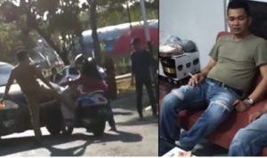 Pelaku Oknum ASN tendang motor wanita hingga jatuh tampak santai saat menjalani pemeriksaan polisi. .-Ist/tangkapan layar/Kolase-radarcirebon.com