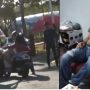 Pelaku Oknum ASN tendang motor wanita hingga jatuh tampak santai saat menjalani pemeriksaan polisi. .-Ist/tangkapan layar/Kolase-radarcirebon.com