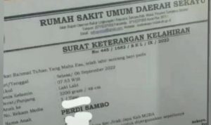 Surat keterangan kelahiran atas nama bayi Perdy sambo yang terinspirasi dari nama Ferdy Sambo. (linggau pos)