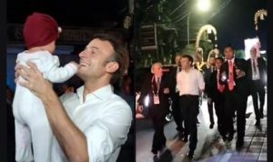 Presiden Macron berbaju putih saat turun dari mobil dan berjalan menyapa warga hingga menggendong anak kecil dan meciumnya di Bali, (15/11). ( tangkapan video Tiktok,/kolase Jabarekspres.com)