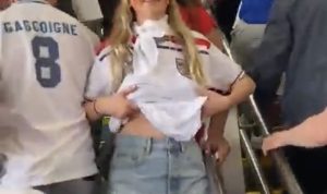 A Female Football Fan From England Flashes Boobs