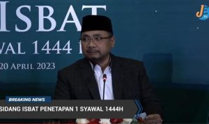 Menteri Agama atau Menag Yaqut Cholil Qoumas umumkan hasil Sidang Isbat penentuan tanggal 1 Syawal 1444 H atau Lebaran 2023. Tangkap Layar YouTube/Jabar Espres.