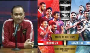 Cak Lontong ungkap prediksi FIFA Match Day Argentina vs Indonesia yang akan digelar di Stadion Gelora Bung Karno, Jakarta. Kolase tangkap layar YouTube/PSSI dan instagram/@pssi.