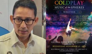 Menteri Pariwisata dan Ekonomi Kreatif, Sandiaga Uno tanggapi isu konser Coldplay Jakarta 2023 yang akan digelar satu hari lagi. Kolase ANTARA/Sinta Ambarwati dan Instagram/@coldplay.