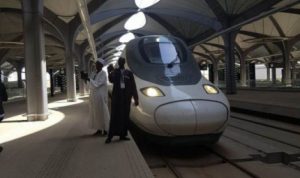Kereta Haramain di Stasiun King Abdul Aziz Economic City (KAEC), Arab Saudi. (ANTARA/Bambang Purwanto)