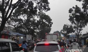 Volume kendaraan dengan tujuan balik ke Jabodetabek masih tinggi melintas di jalur Pucak, Cianjur, Jawa Barat, sehingga petugas masih menerapkan sistem satu arah guna anstisipasi macet, Senin (1/5/2023).(ANTARA/Ahmad Fikri). (Ahmad Fikri)