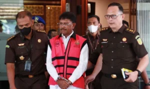 Agenda sidang perdana mantan Menkominfo Jhonny G Plate hari ini Selasa, 27 Juni 2023 diungkap oleh PN Jakarta Pusat melalui situs resminya. ANTARA/Reno Esnir.