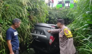 Hindari Penyebrang Jalan, Sebuah Mobil Masuk Ke dalam Selokan