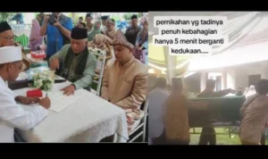 Kolase foto jalannya acara pernikahan dan kedatangan jenazah mempelai wanita yang meninggal usai ijab kabul di Palembang.