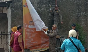 Petugas Satpol PP Kabupaten Bandung Barat saat menertibkan ratusan baliho liar dan tak berizin. Selasa (25/23). Foto: Jabarekspres